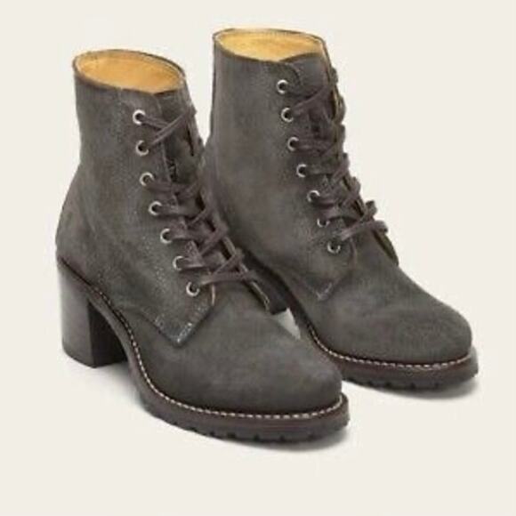 Frye Boots Sabrina Charcoal Suede Lace Up Block Heel Heeled Combat Bootie - Picture 1 of 11